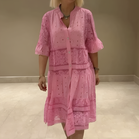Vestido Lavinia - Renda com Decote em V de Manga Curta (O Vestido famoso do Verão)