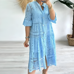 Vestido Lavinia - Renda com Decote em V de Manga Curta (O Vestido famoso do Verão)