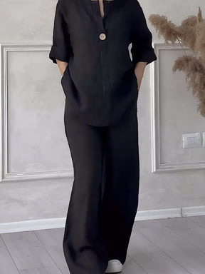 Conjunto Gaby | Linho Premium Manga Comprida + Calça Larga Verão 2025 (CONFORT V10)
