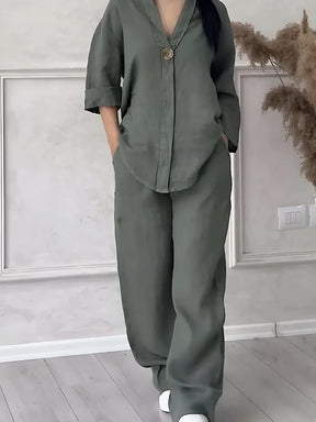 Conjunto Gaby | Linho Premium Manga Comprida + Calça Larga Verão 2025 (CONFORT V10)