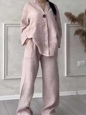 Conjunto Gaby | Linho Premium Manga Comprida + Calça Larga Verão 2025 (CONFORT V10)